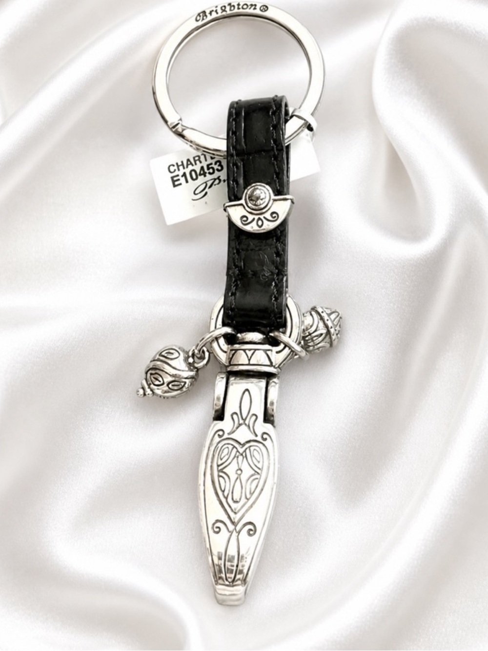 Brighton Charter Valet Silver-Tone Clip Keyring with Black Strap & Charms E10453